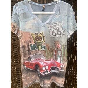 Red Corvette Car Route 66 shirt Big Bang USA Short Sleeve Americana Graphic L